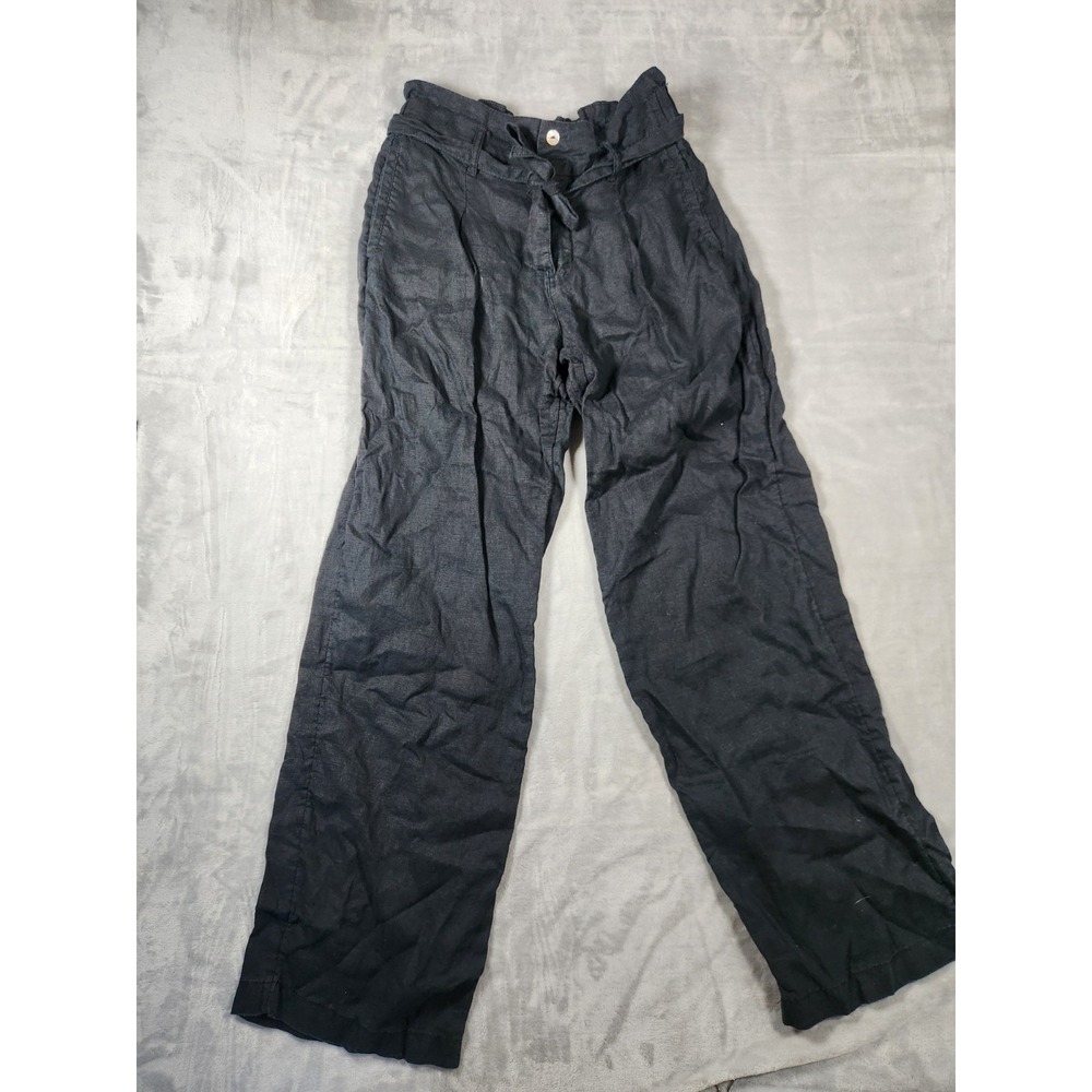 HALSTON Elastic Waist Black 10% Linen High- Rise Wide-Leg Belted‎  Pants Size S